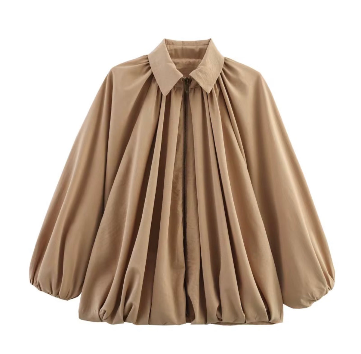Gathered Balloon-Sleeve Zip Blouse - Salam Fashion