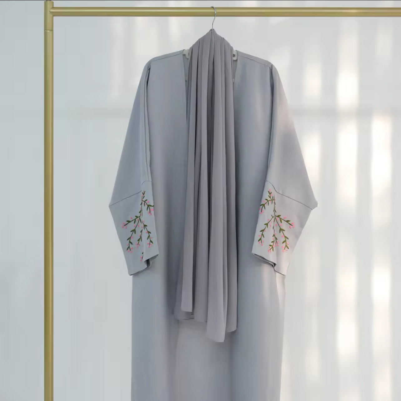 Floral Vines Embroidered Open Abaya Kimono