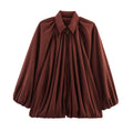 Gathered Balloon-Sleeve Zip Blouse