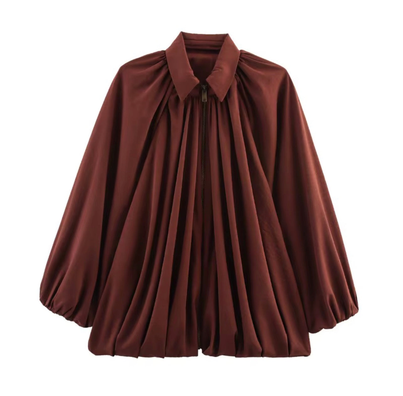 Gathered Balloon-Sleeve Zip Blouse