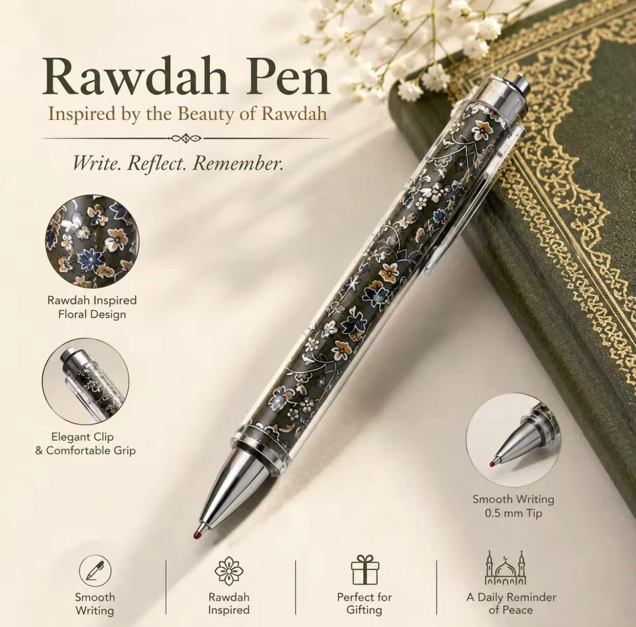 🌿 Rawdah Collection Set — Pen & Medina Storage Pouch