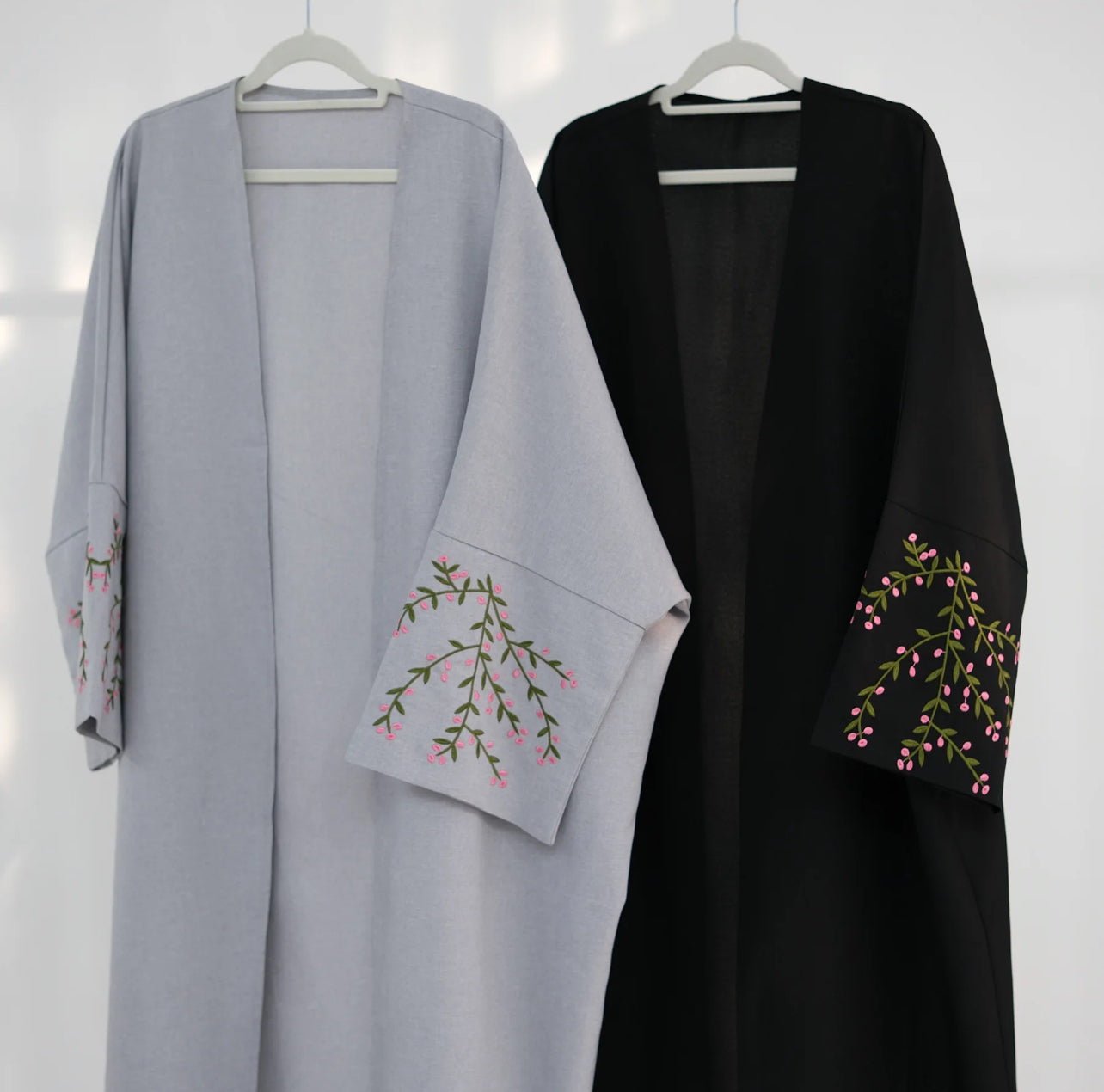 Floral Vines Embroidered Open Abaya Kimono