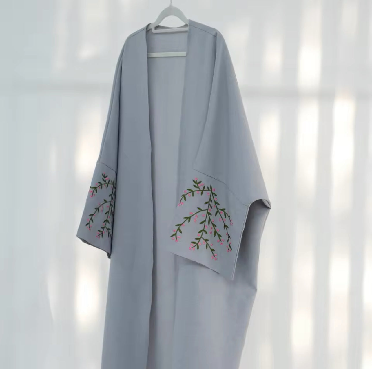 Floral Vines Embroidered Open Abaya Kimono