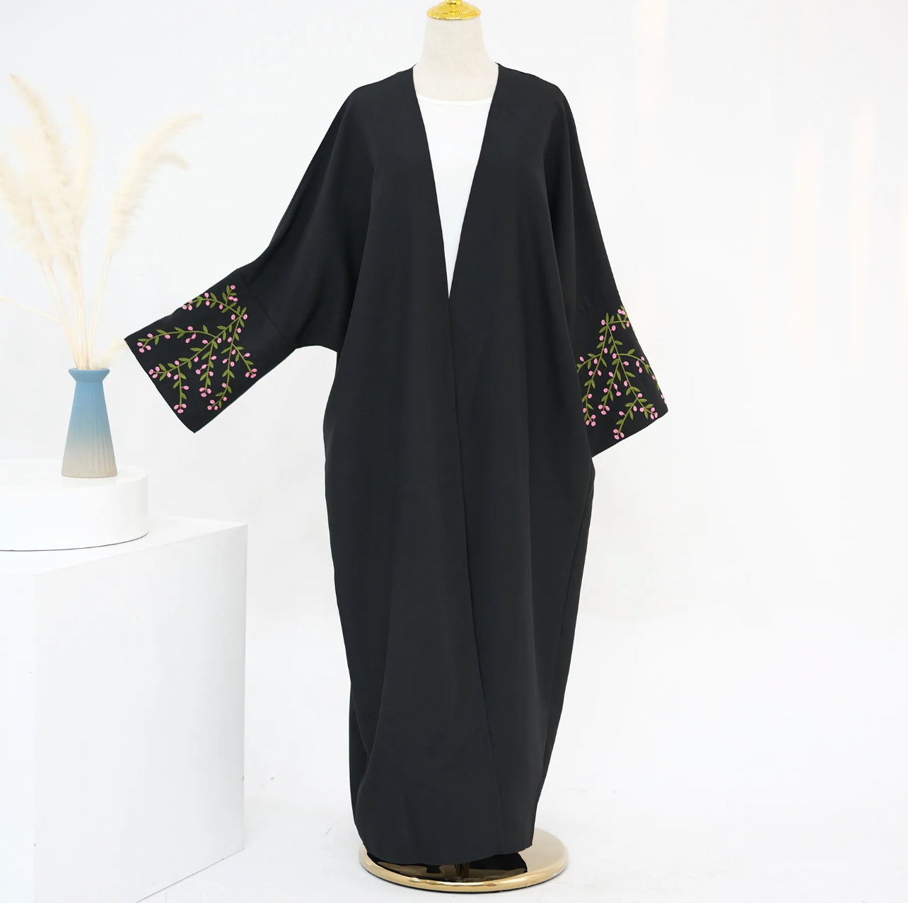 Floral Vines Embroidered Open Abaya Kimono