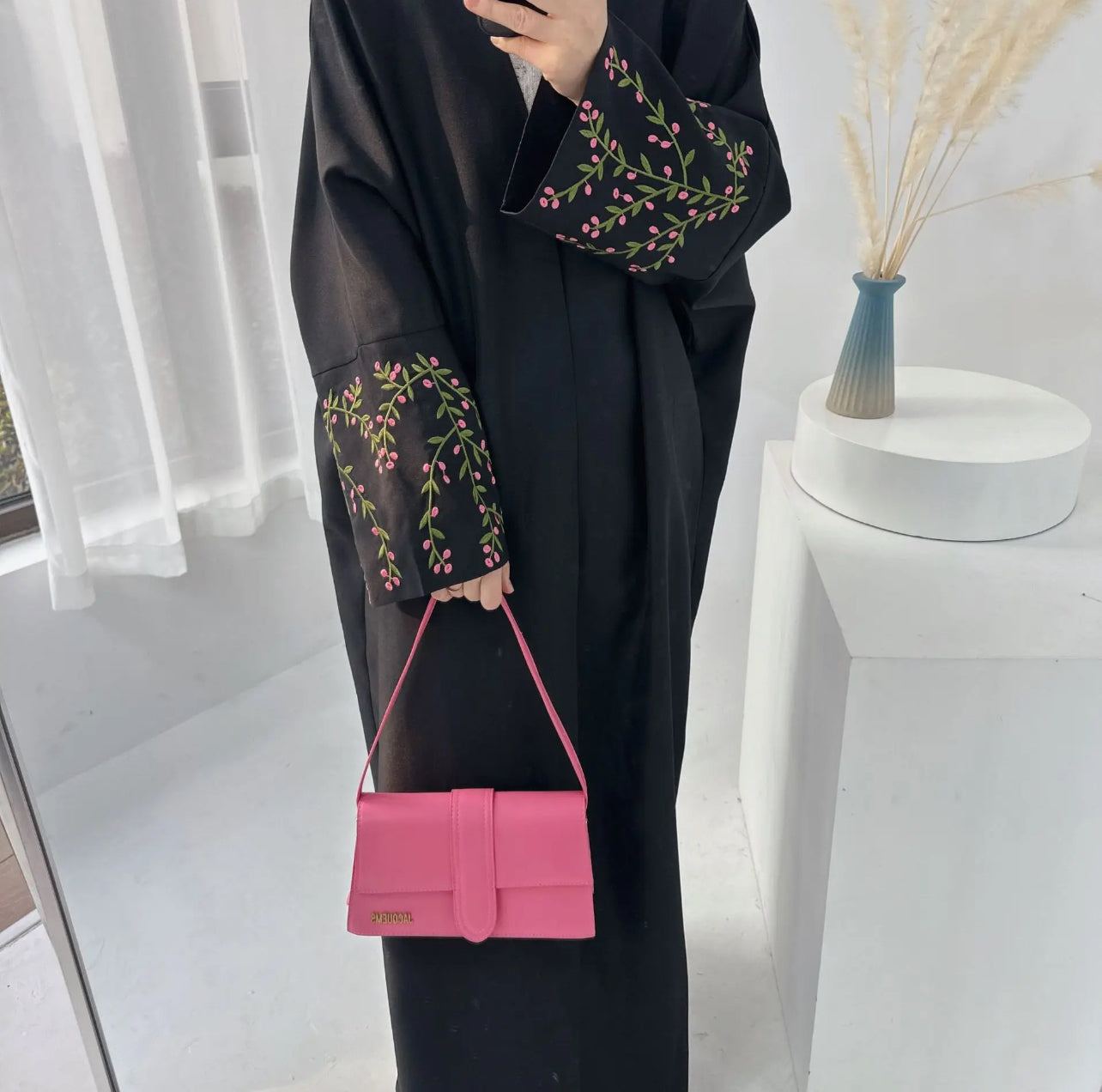 Floral Vines Embroidered Open Abaya Kimono