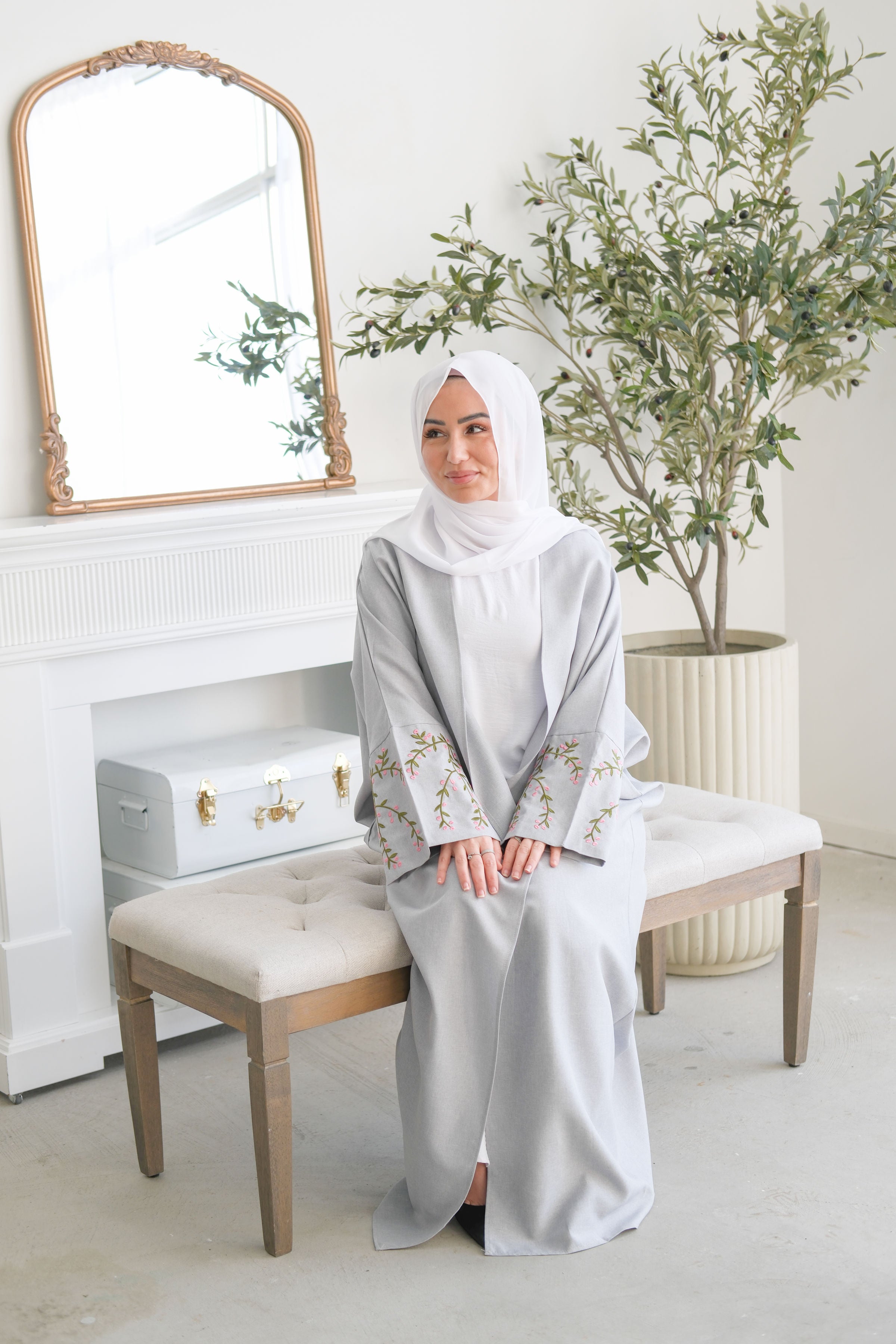 Floral Vines Embroidered Open Abaya Kimono