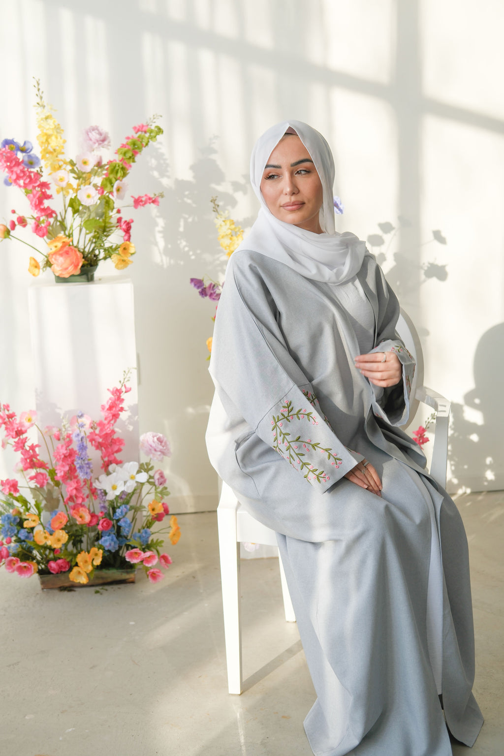 Floral Vines Embroidered Open Abaya Kimono