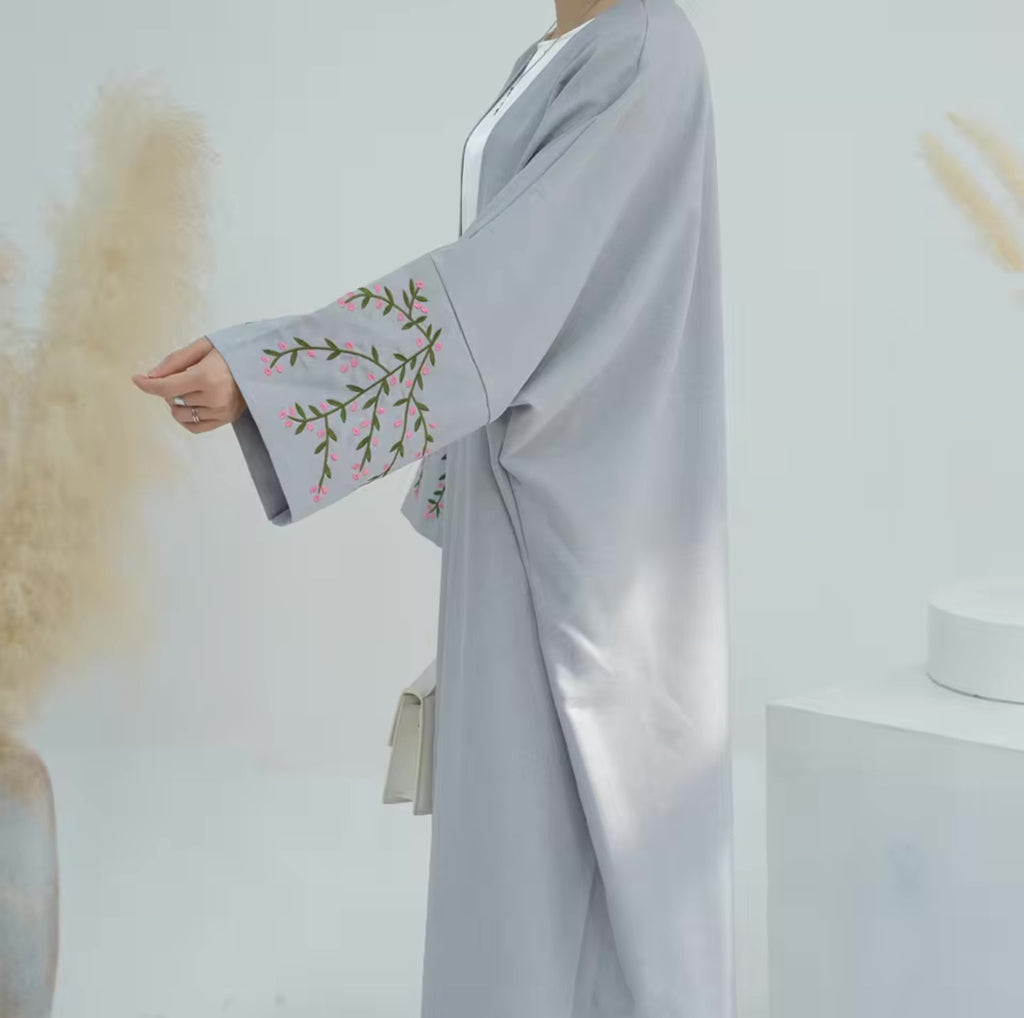 Floral Vines Embroidered Open Abaya Kimono