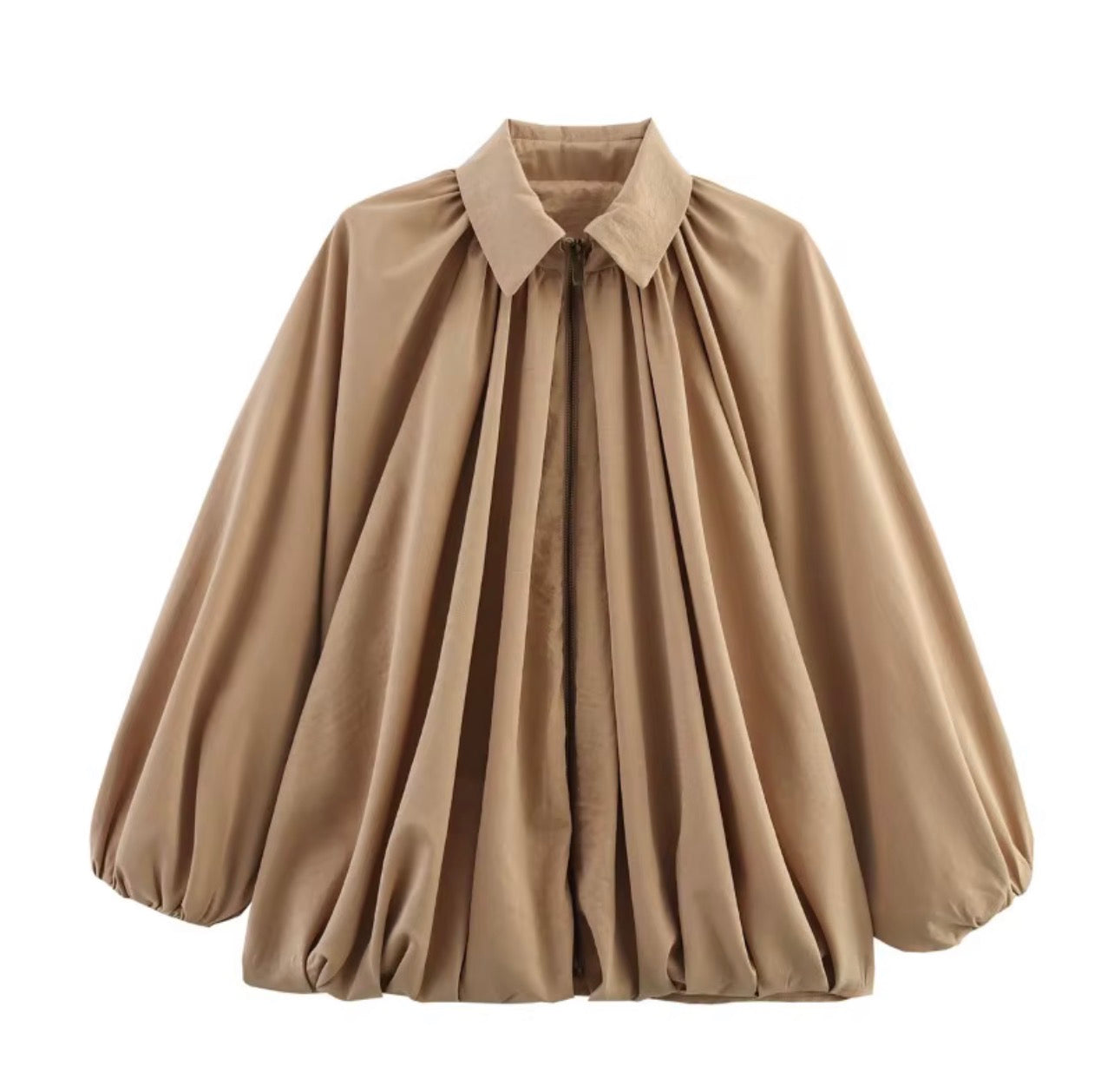 Gathered Balloon-Sleeve Zip Blouse - Salam Fashion