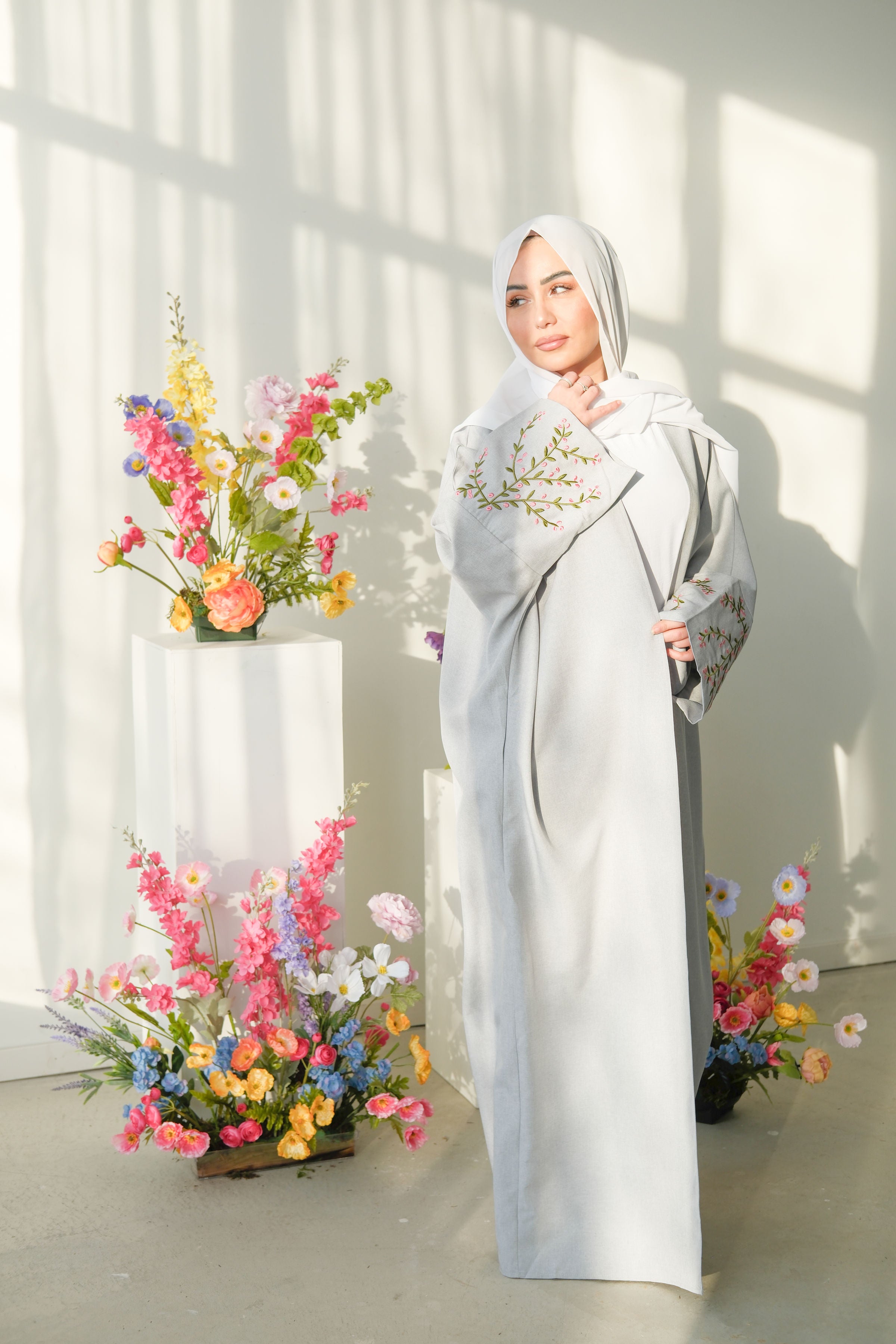 Floral Vines Embroidered Open Abaya Kimono
