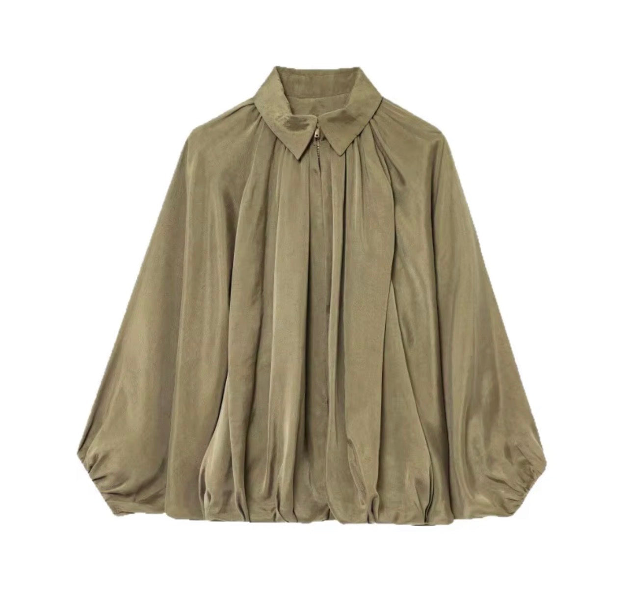 Gathered Balloon-Sleeve Zip Blouse - Salam Fashion