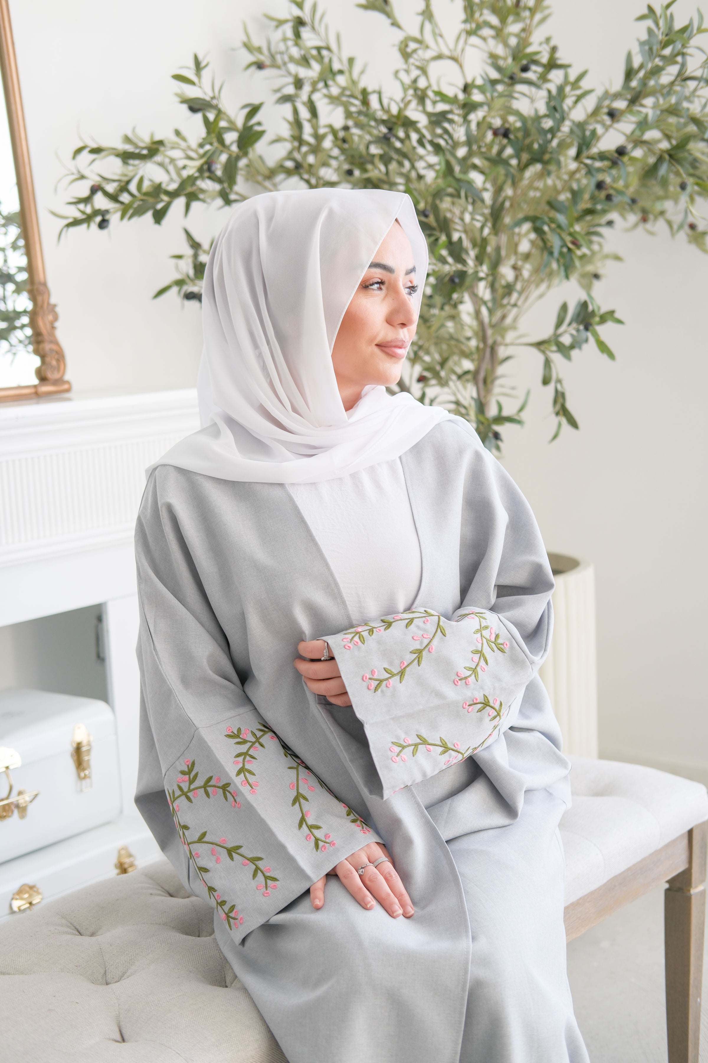 Floral Vines Embroidered Open Abaya Kimono