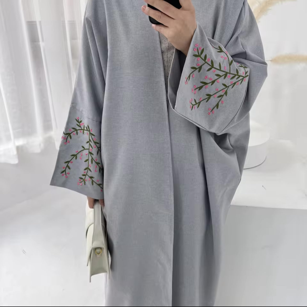 Floral Vines Embroidered Open Abaya Kimono